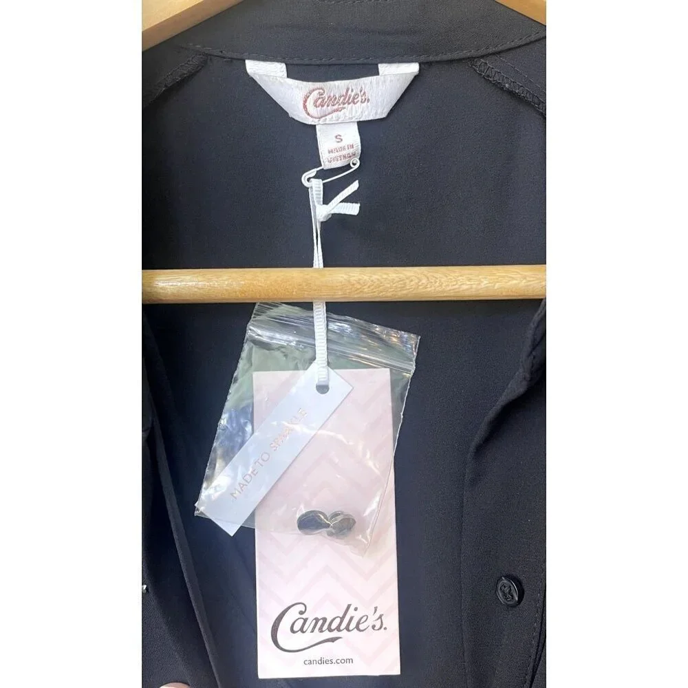 NWT Candies Sheer Sz S Black Rhinestone Sleeveless Tunic Button Front Blouse Top - Picture 7 of 8